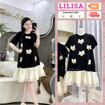 Váy bầu xinh, đầm bầu đẹp dáng babydoll cổ tròn tay ngắn, thân váy đính nơ, chân váy xòe lên dáng xinh xắn