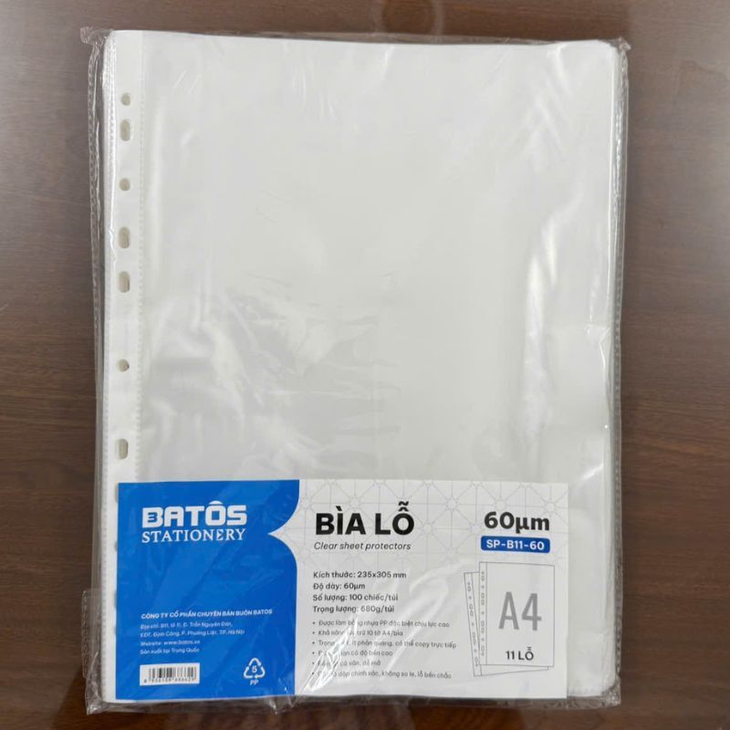 [Xấp 100] Bìa lỗ / Sơ mi 11 lỗ Batos Stationery khổ A4, dày 60/ 40/ 30 mic.