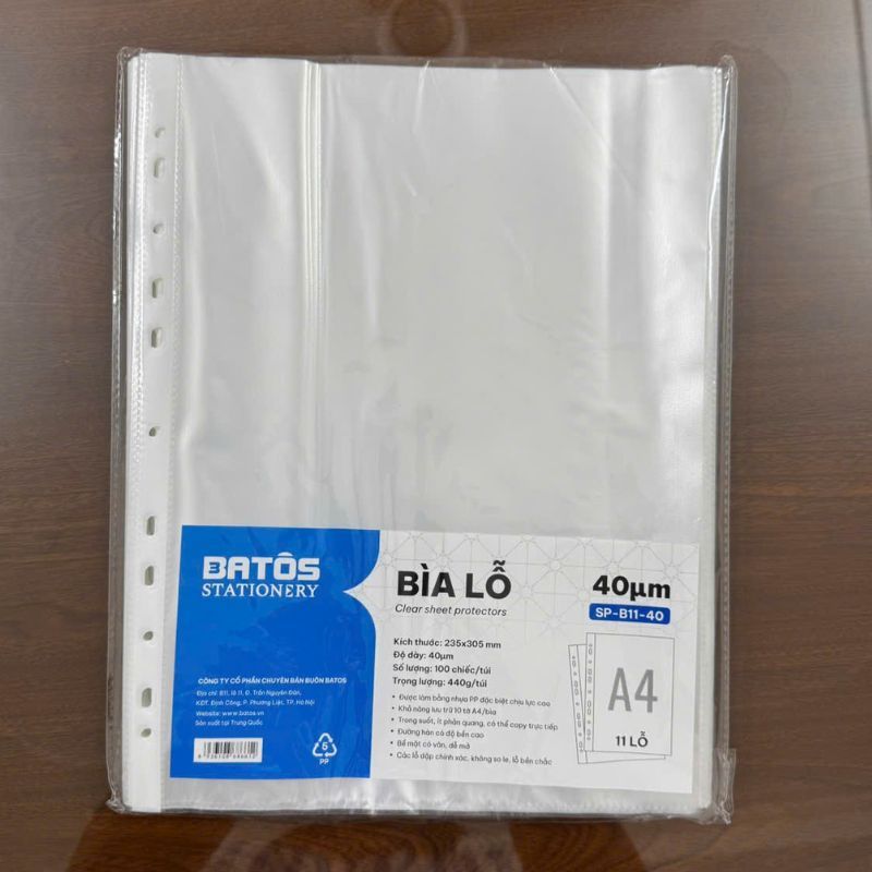 [Xấp 100] Bìa lỗ / Sơ mi 11 lỗ Batos Stationery khổ A4, dày 60/ 40/ 30 mic.