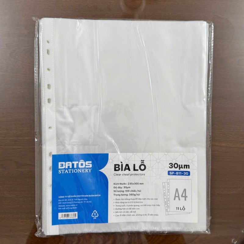 [Xấp 100] Bìa lỗ / Sơ mi 11 lỗ Batos Stationery khổ A4, dày 60/ 40/ 30 mic.