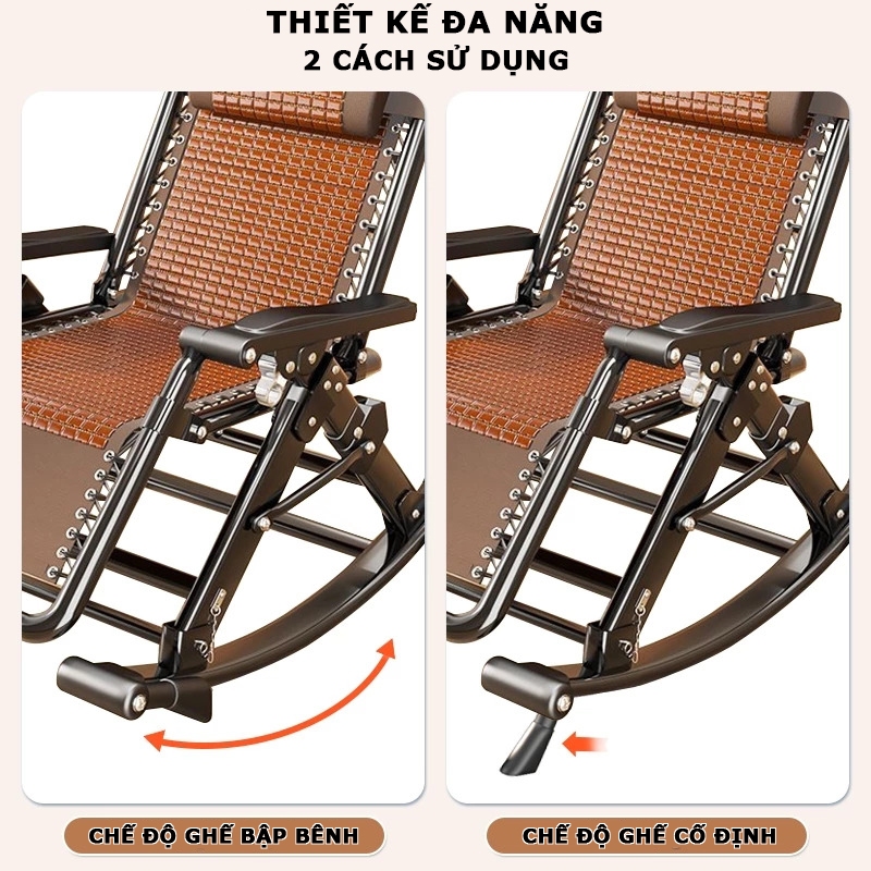 Ghế Bập Bênh Thư Giãn Gấp Gọn GOTEK Cao Cấp, Đệm Lưng Chiếu Trúc Mát Mẻ, Khung Thép Carbon Tặng Kèm Khay Để Đồ