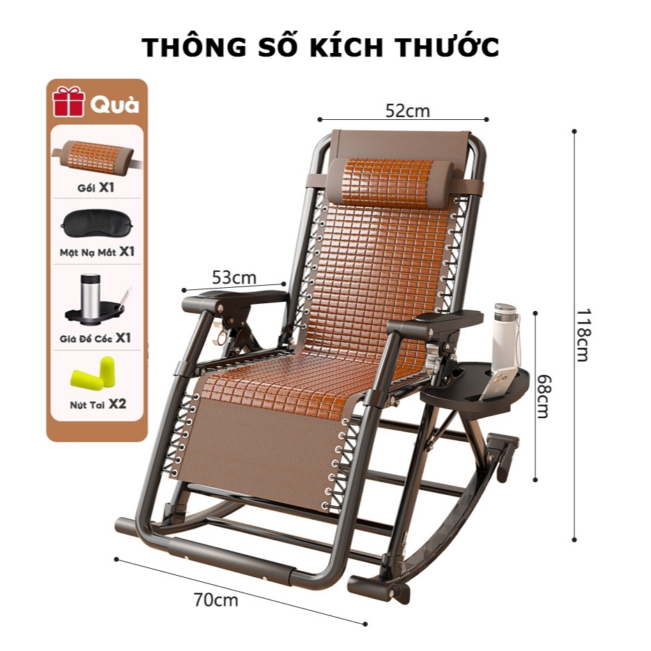Ghế Bập Bênh Thư Giãn Gấp Gọn GOTEK Cao Cấp, Đệm Lưng Chiếu Trúc Mát Mẻ, Khung Thép Carbon Tặng Kèm Khay Để Đồ