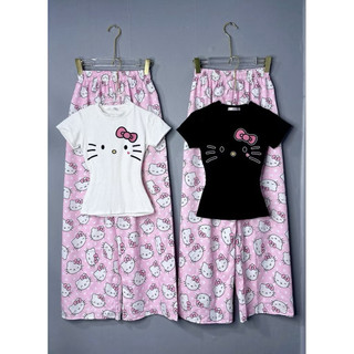 Set bộ áo babytee in hình ria mèo mix quần xuông đũi gân hello kitty hồng