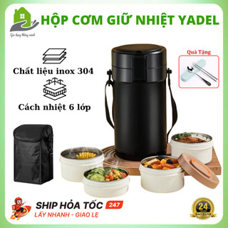 Hộp Cơm Giữ Nhiệt Yadel Có Túi Giữ Nhiệt, Chất Liệu Inox 304, Cách Nhiệt 6 Lớp Chống Bỏng Chống Tràn