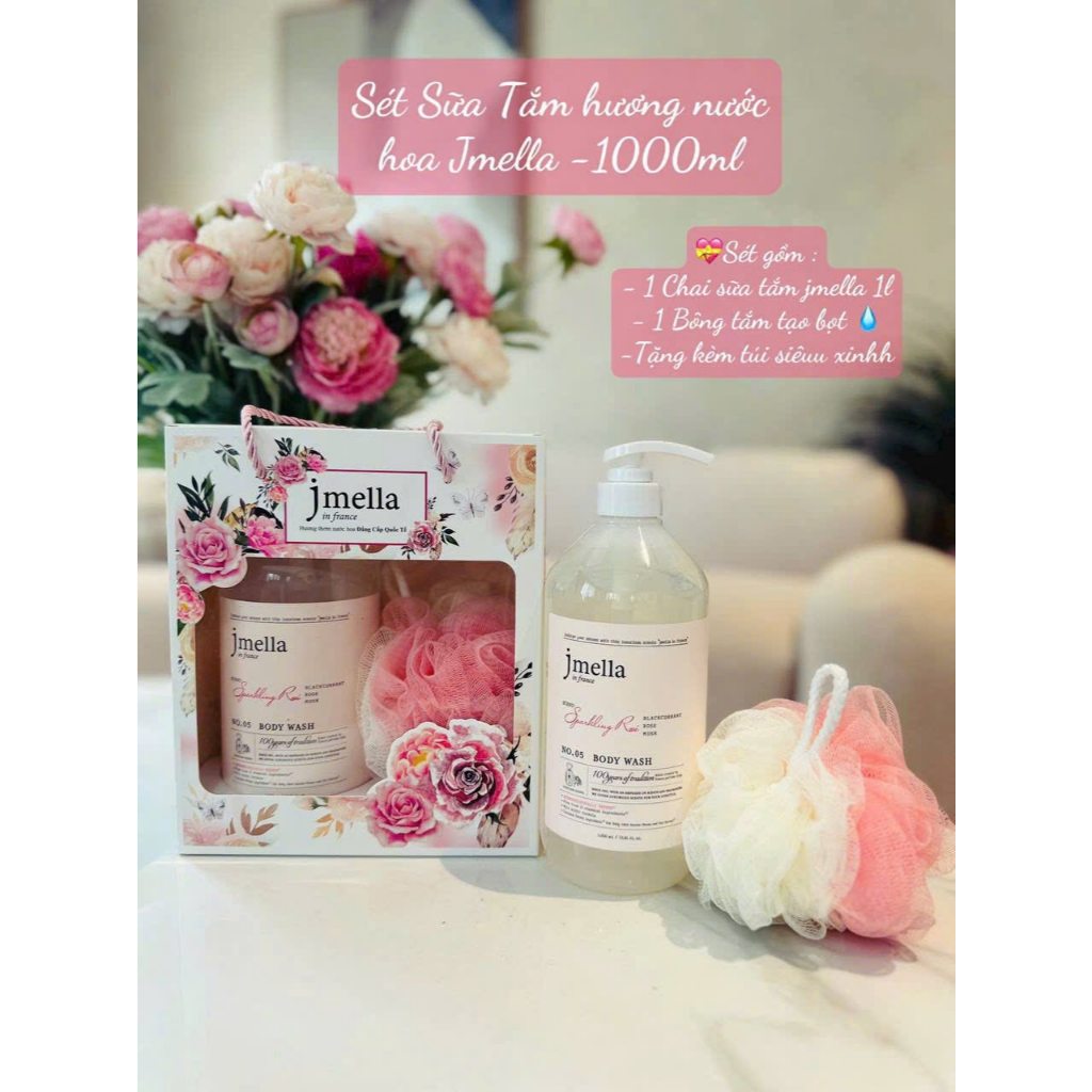 Set sữa tắm Jmella tặng kèm bông tắm và túi 500ml 1000ml