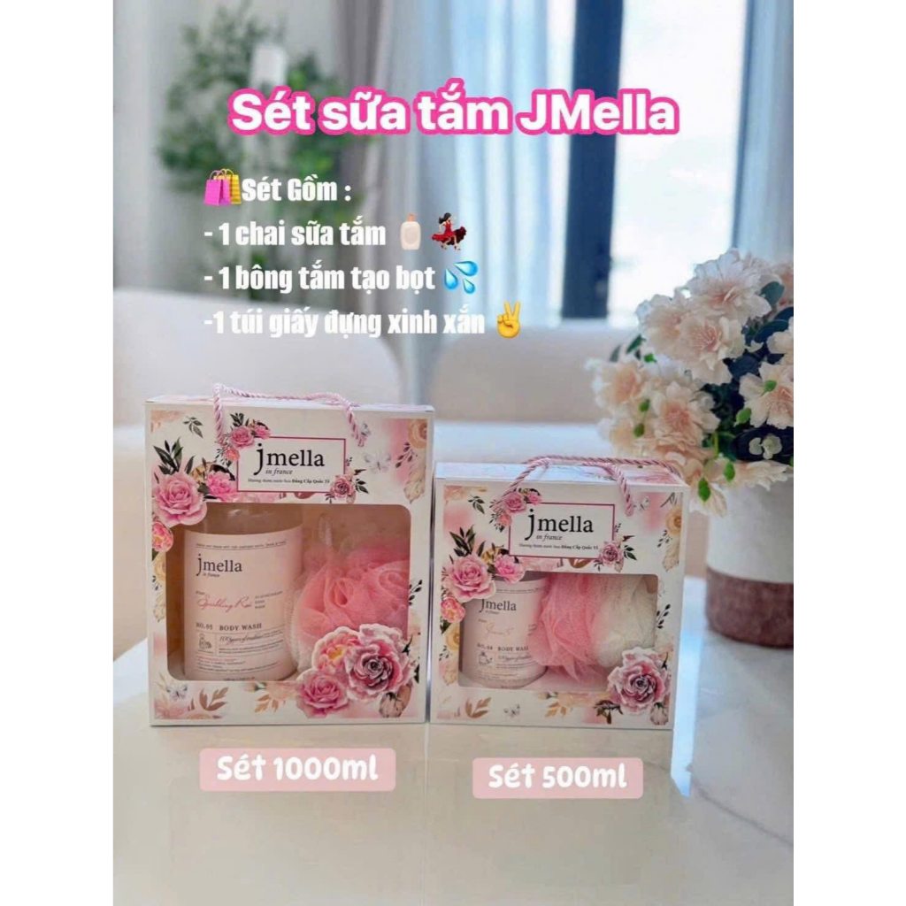 Set sữa tắm Jmella tặng kèm bông tắm và túi 500ml 1000ml