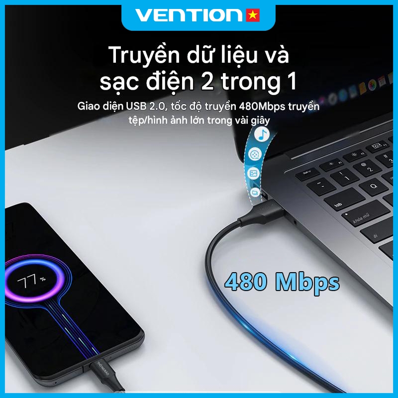 Cáp Sạc Nhanh 60W Vention USB Type C Tốc Độ Truyền 480Mbps Dùng Cho Phone Xiaomi / Samsung / OPPO