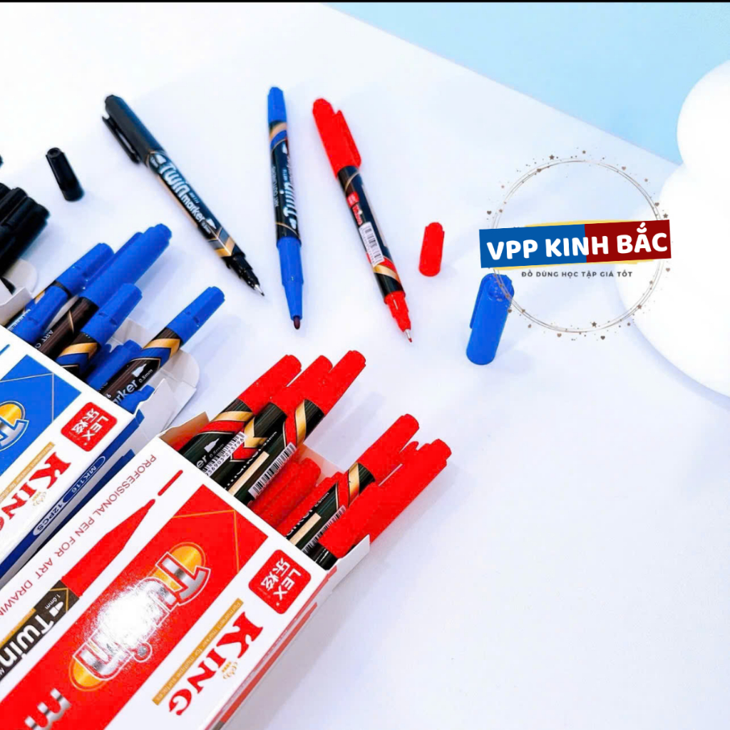 Hộp 12 Cây Bút Dạ Kính Lông Đầu Kim 2 Đầu MK116 Mực Xanh ,Đỏ ,Đen