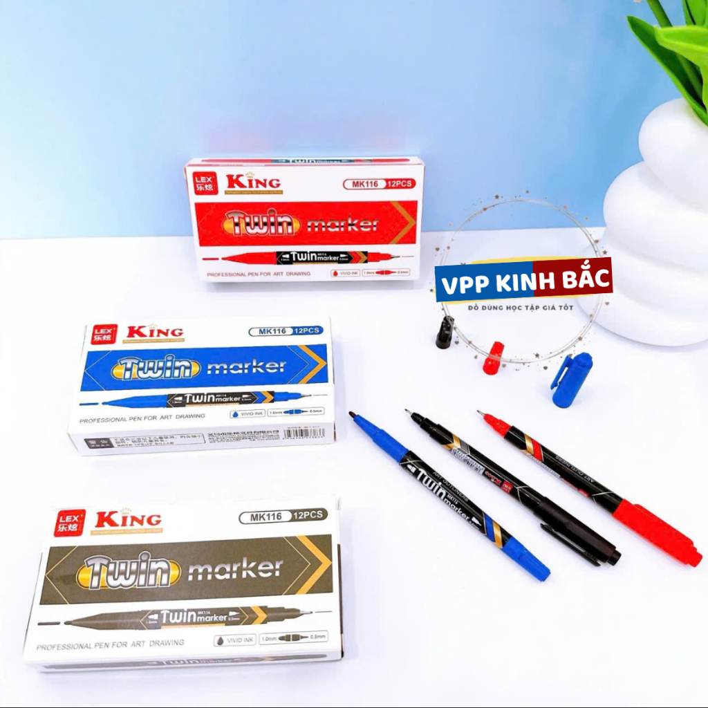 Hộp 12 Cây Bút Dạ Kính Lông Đầu Kim 2 Đầu MK116 Mực Xanh ,Đỏ ,Đen