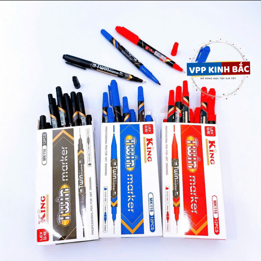 Hộp 12 Cây Bút Dạ Kính Lông Đầu Kim 2 Đầu MK116 Mực Xanh ,Đỏ ,Đen