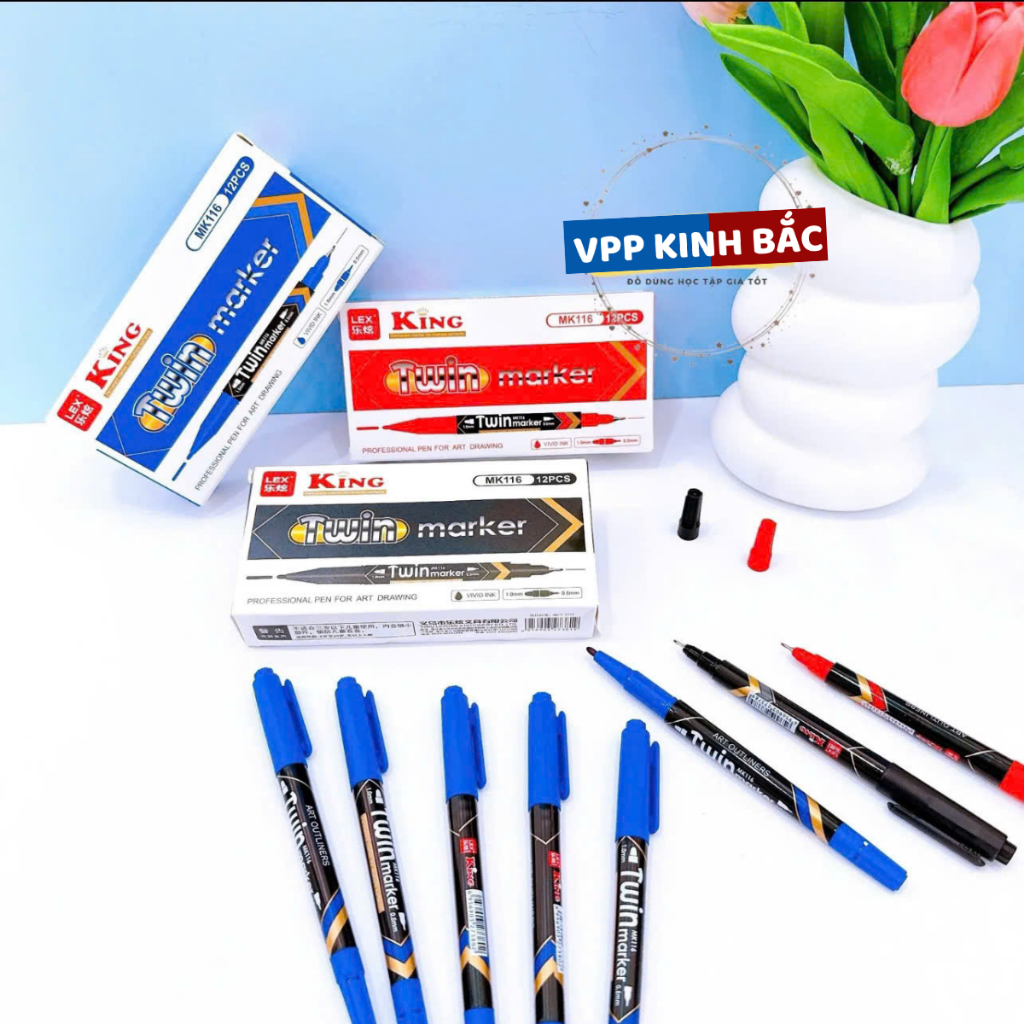 Hộp 12 Cây Bút Dạ Kính Lông Đầu Kim 2 Đầu MK116 Mực Xanh ,Đỏ ,Đen