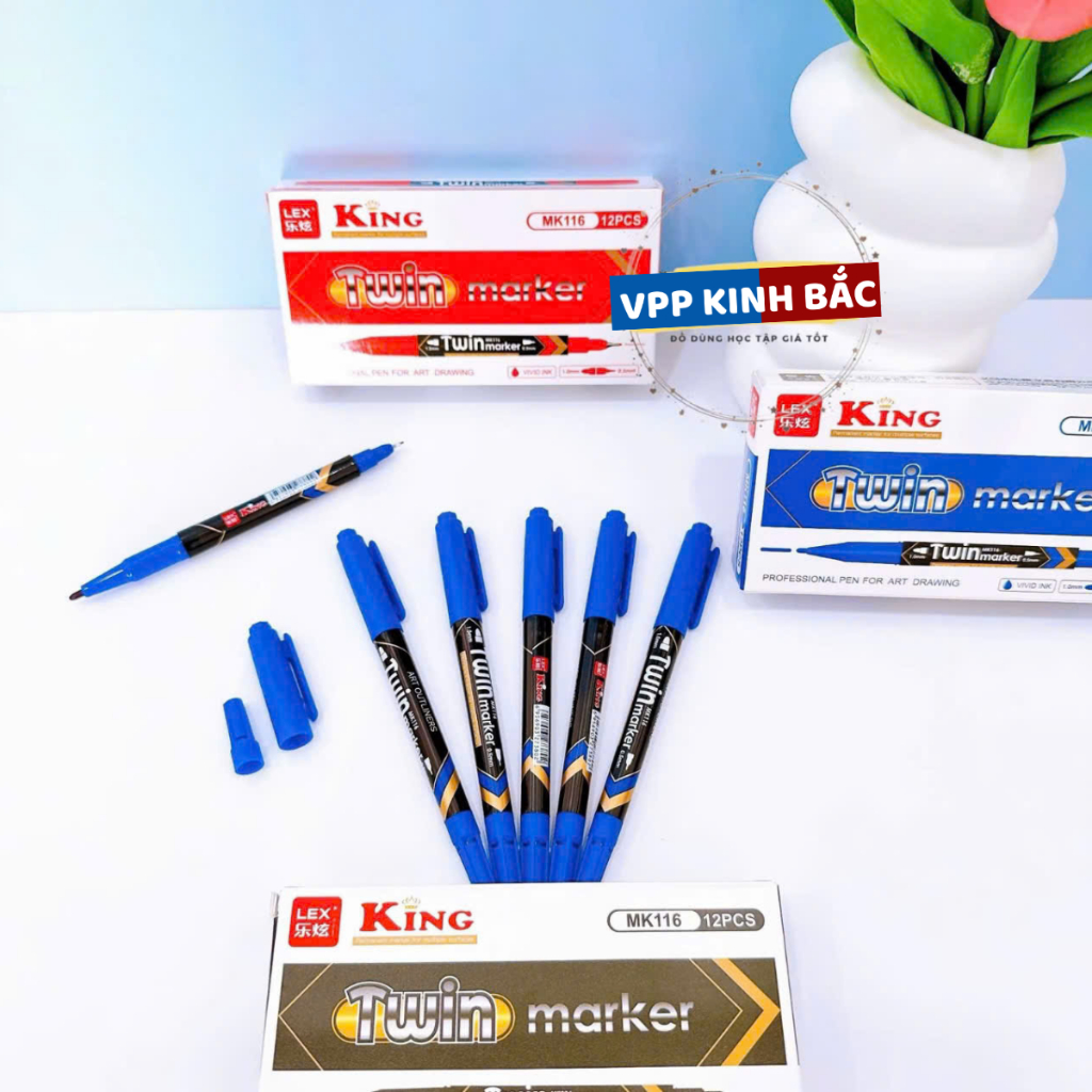 Hộp 12 Cây Bút Dạ Kính Lông Đầu Kim 2 Đầu MK116 Mực Xanh ,Đỏ ,Đen