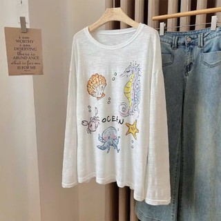 Áo thun dài tay form rộng chất thun giấy in hình cá ngựa thiết kế thoải mái dành cho nữ