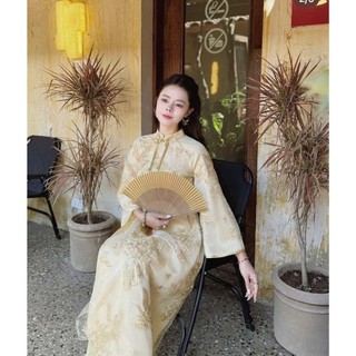 Áo dài cách tân nữ Jn Design 4 tà chất tơ thêu phối nót lua siêu đep JNN STORE J136