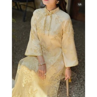 Áo dài cách tân nữ Jn Design 4 tà chất tơ thêu phối nót lua siêu đep JNN STORE J136