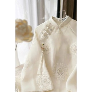 Áo Dài Cách Tân Dáng Suông Jn Design thêu nổi cao cấp tay dài loe đính kết charm- JNN STORE J153