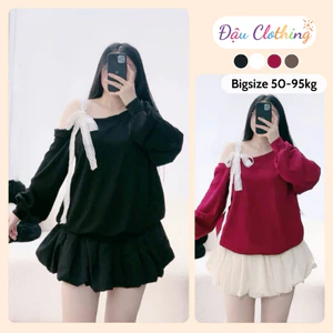 Áo Thun Bigsize Nữ (K Kèm Váy) Dáng Sweater Tay Dài Trễ Vai Phối Ren Nơ Một Bên Vải Thun Ruby G176