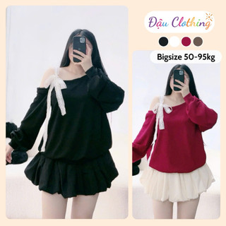 Áo Thun Bigsize Nữ (K Kèm Váy) Dáng Sweater Tay Dài Trễ Vai Phối Ren Nơ Một Bên Vải Thun Ruby G176