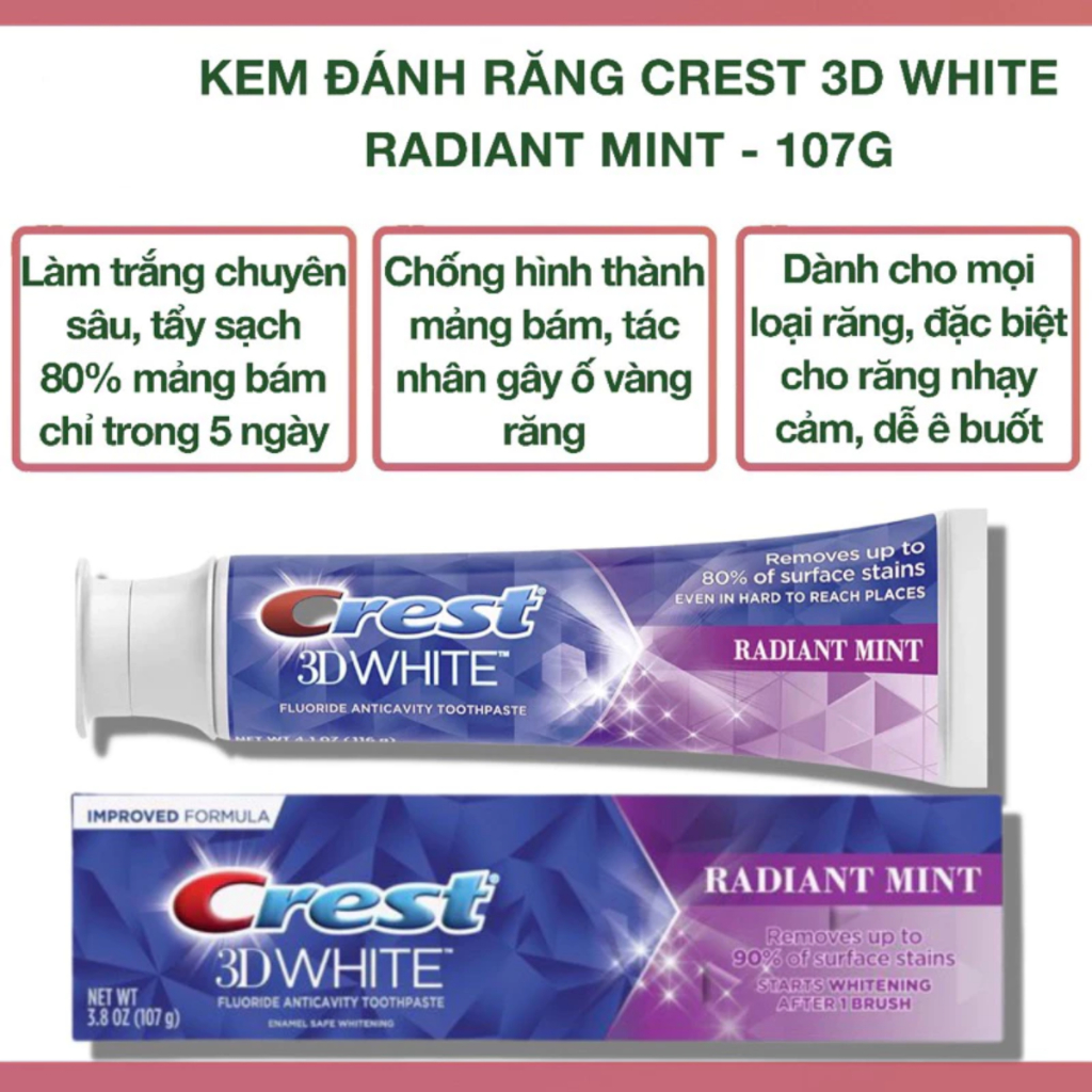 [Hàng Mỹ] Kem Đánh Răng Crest 3D White Radiant Mint - 93g