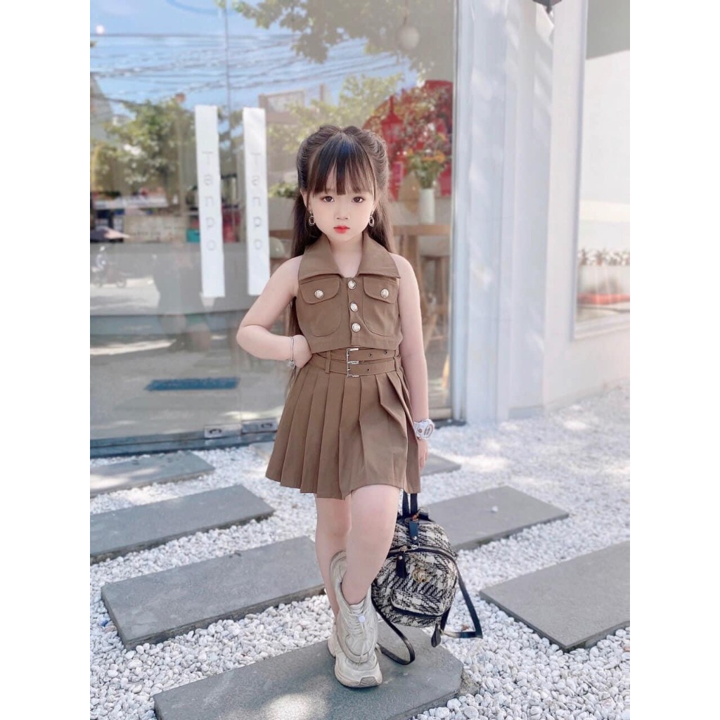 Set đồ bé gái áo croptop và chân váy xếp ly bé gái sét đồ thời trang thiết kế cao cấp cho mẹ và bé