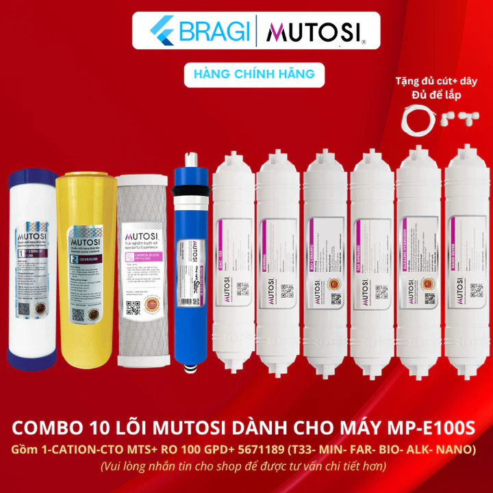 Combo 10 Lõi Lọc Nước MUTOSI Dùng Cho Máy lọc nước RO MP-E100S, MP-E101S-NC,sử dụng RO 100 GPD, lõi thô Cation, CTO