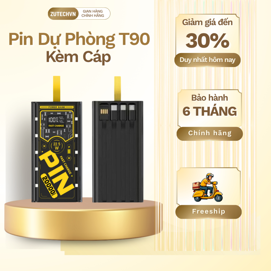 Sạc dự phòng T90 50000mAh, hỗ trợ sạc nhanh, PD 22.5W, màn hình LED thông minh, kèm 4 đầu sạc đa năng.