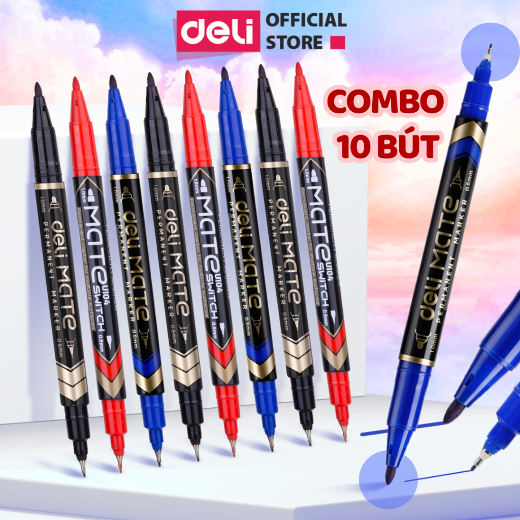 Bút dạ dầu hai đầu Deli Mực nhanh khô, chống nước, viết trên giấy, gỗ, kim loại