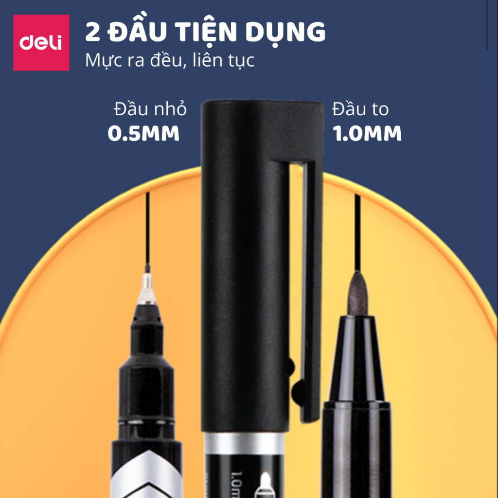 Bút dạ dầu hai đầu Deli Mực nhanh khô, chống nước, viết trên giấy, gỗ, kim loại