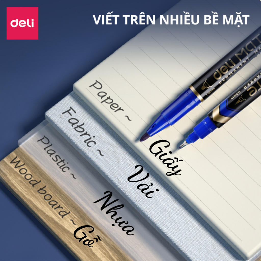 Bút dạ dầu hai đầu Deli Mực nhanh khô, chống nước, viết trên giấy, gỗ, kim loại