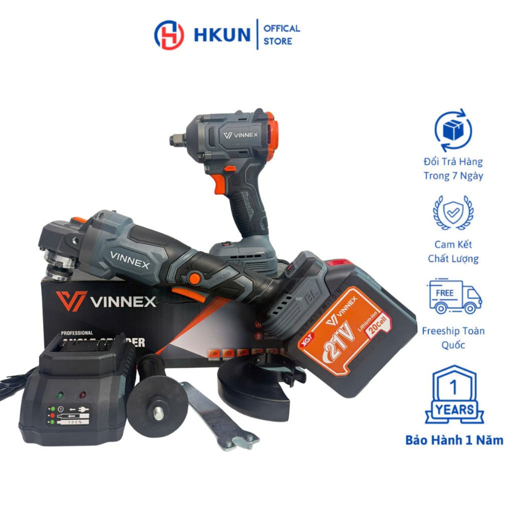 Combo Máy Cắt VINNEX VN-7600, Máy Siết Bulong V-360 Động Cơ Không Chổi Than, Chân Pin Phổ Thông Kèm 1 Pin 20cell Và Sạc