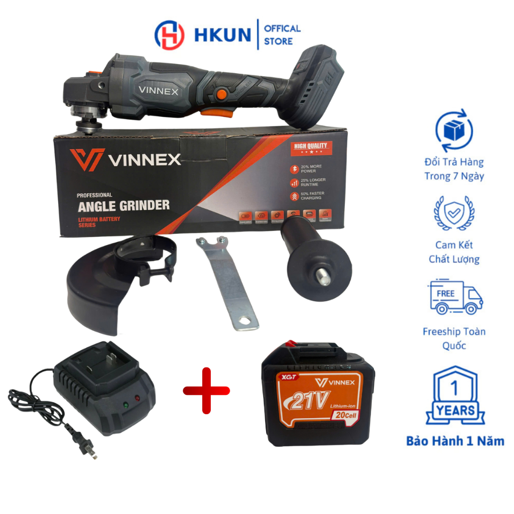 Combo Máy Mài Pin VINNEX VN-7600 Động Cơ Không Chổi Than Chân Pin Phổ Thông Bộ 1 Pin 20cell Và Sạc