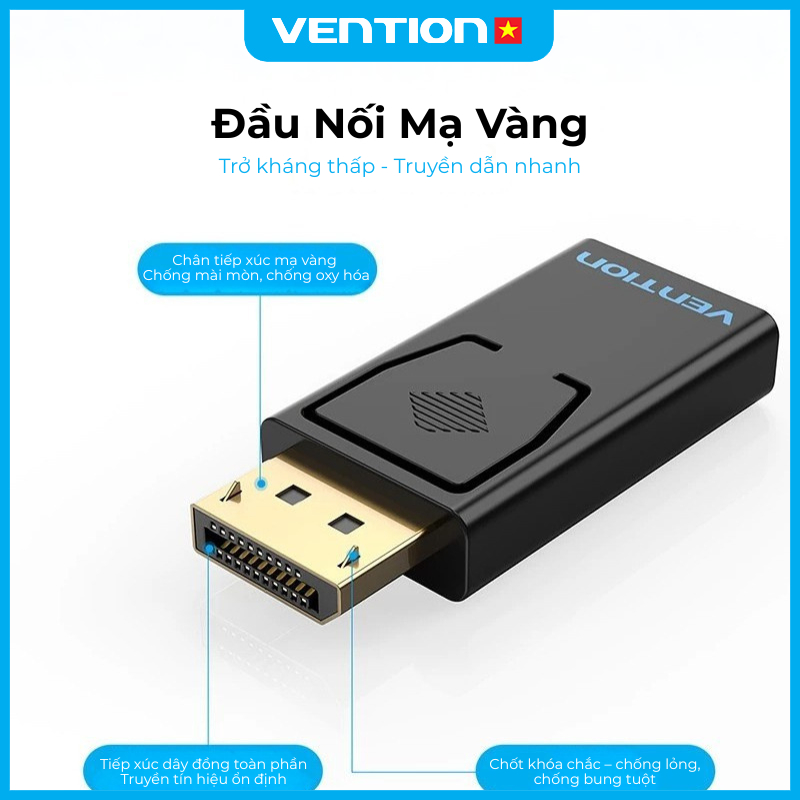 Đầu Chuyển DisplayPort Sang HDMI Vention Hỗ Trợ Độ Phân Giải 1080p 60Hz, Đầu Mạ Vàng Vỏ PVC Bền Chắc Hình Ảnh Sắc Nét