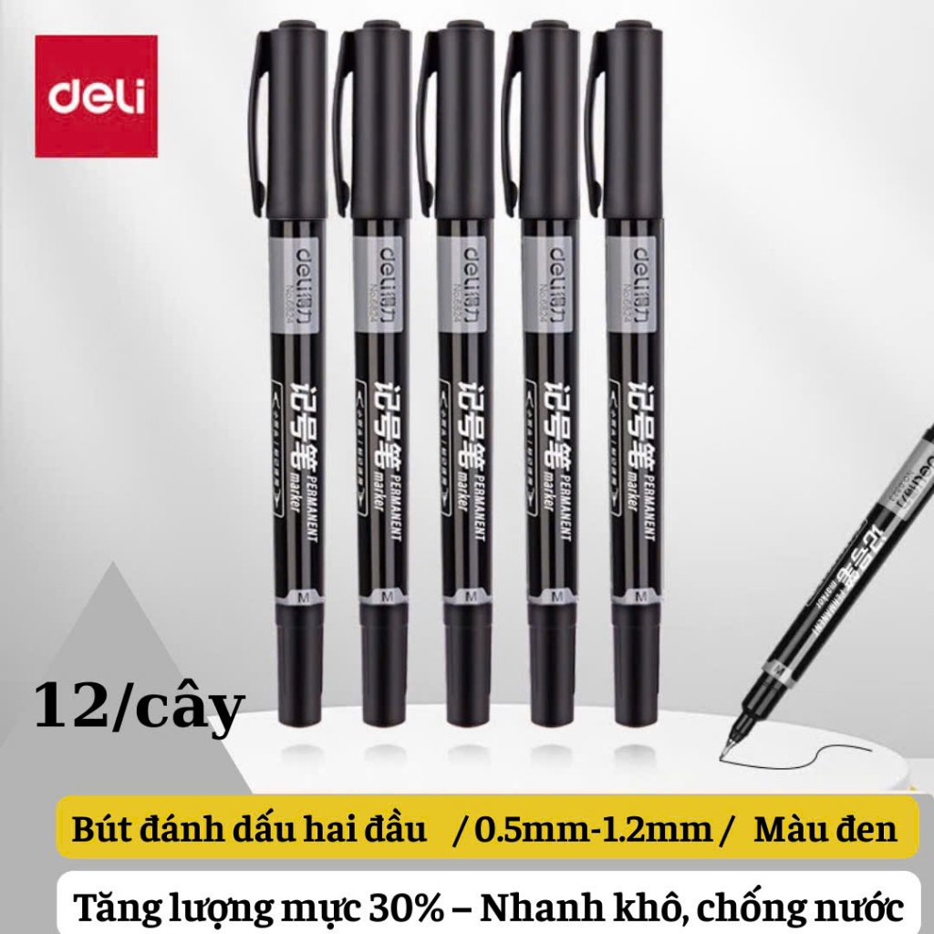 Bút dạ dầu hai đầu Deli Mực nhanh khô, chống nước, viết trên giấy, gỗ, kim loại