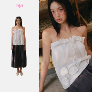 Áo OLV kiểu nữ cúp ngực nhún bèo White Cotton Ruffled Tube Top nữ tính dễ thương