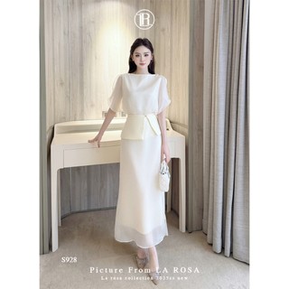 Set Váy Tơ Tiểu Thư LA ROSA Áo Cổ Thuyền Đính Cúc Phối Chân Váy Suông Dài Tôn Dáng, Thanh Lịch S928