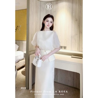 Set Váy Tơ Tiểu Thư LA ROSA Áo Cổ Thuyền Đính Cúc Phối Chân Váy Suông Dài Tôn Dáng, Thanh Lịch S928