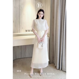 Set Váy Tơ Tiểu Thư LA ROSA Áo Cổ Thuyền Đính Cúc Phối Chân Váy Suông Dài Tôn Dáng, Thanh Lịch S928