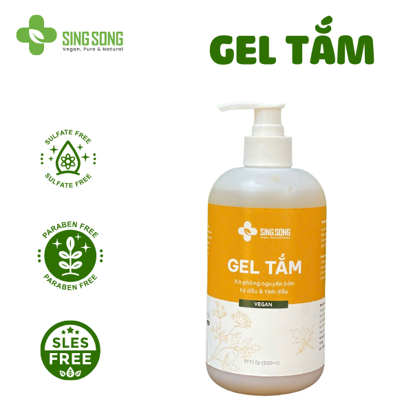 Gel Tắm thảo mộc SingSong Vegan 500ml- không Hương Liệu, an toàn cho da nhạy cảm, Mẹ Bầu mới sinh