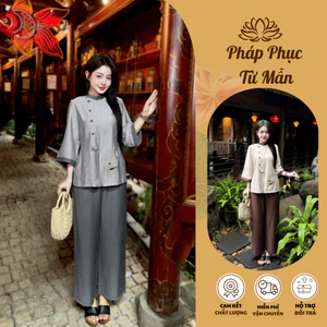 Pháp phục đi chùa vải đũi tơ thêu Bình An Đồ lam đi chùa nữ cổ tàu đính cúc bọc đũi mềm mát thanh lịch