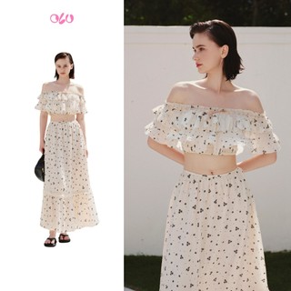 Set OLV áo trễ vai và chân váy dài họa tiết hoa phù hợp đi biển Phrynia Fleur Set
