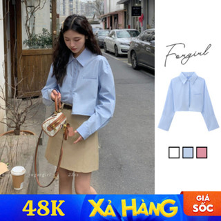 Áo sơ mi croptop nữ Forgirl sơ mi dáng ngắn cổ đức tay dài túi giả FG046
