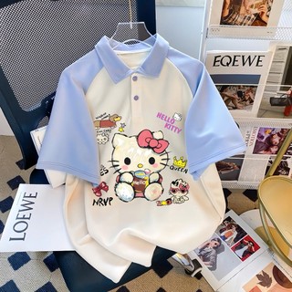 Áo polo Hello Kitty bé gái fom rộng chất vải poly cá sấu dày dặn hình in 5D sắc nét cho bé từ 25-53kg