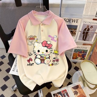 Áo polo Hello Kitty bé gái fom rộng chất vải poly cá sấu dày dặn hình in 5D sắc nét cho bé từ 25-53kg