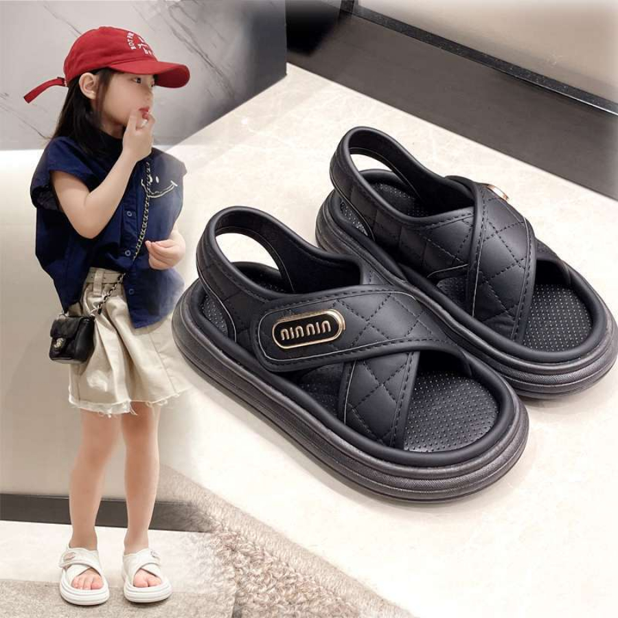 [M066] Sandal Bánh Mì Bé Gái Quai Chéo Trần Chỉ Quả Trám Cao Cấp - Dép Quai Hậu Bé Gái Êm Chân Phong Cách Hàn Quốc Mới