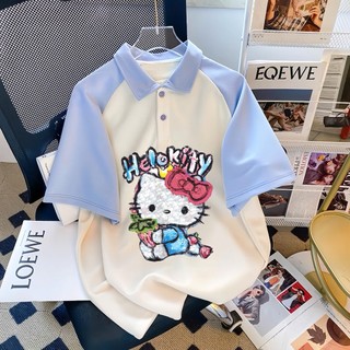 Áo polo Hello Kitty bé gái fom rộng chất vải poly cá sấu dày dặn hình in 5D sắc nét cho bé từ 25-53kg