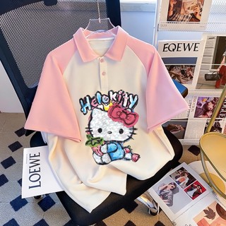Áo polo Hello Kitty bé gái fom rộng chất vải poly cá sấu dày dặn hình in 5D sắc nét cho bé từ 25-53kg