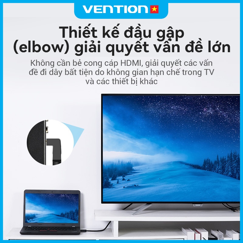 Cáp HDMI 4K 60Hz Vention – Góc Vuông 90 Độ, Đầu Mạ Vàng, Vỏ PVC Chống Nhiễu Độ Bền Cao