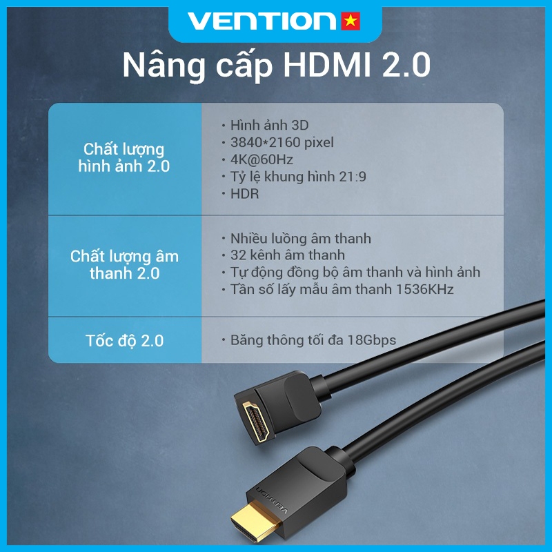 Cáp HDMI 4K 60Hz Vention – Góc Vuông 90 Độ, Đầu Mạ Vàng, Vỏ PVC Chống Nhiễu Độ Bền Cao