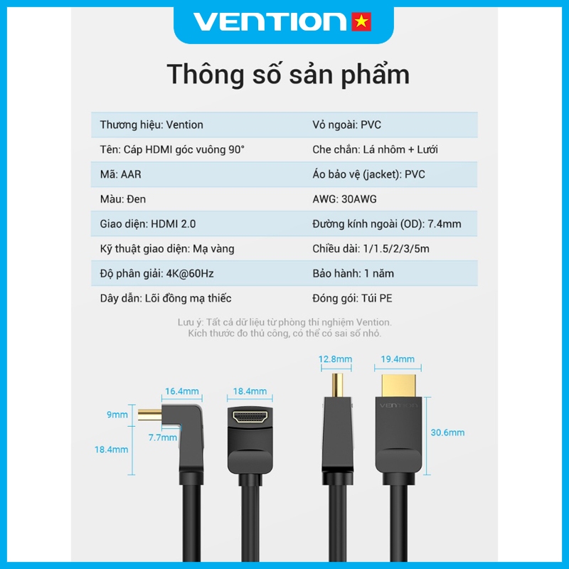 Cáp HDMI 2.0 4K Vention Góc 90/270 Độ, Đầu Nối Mạ Vàng, Vỏ Bọc PVC Bền Chắc Cho PS4 Laptop TV Đồng Bộ Hóa Âm Thanh HA