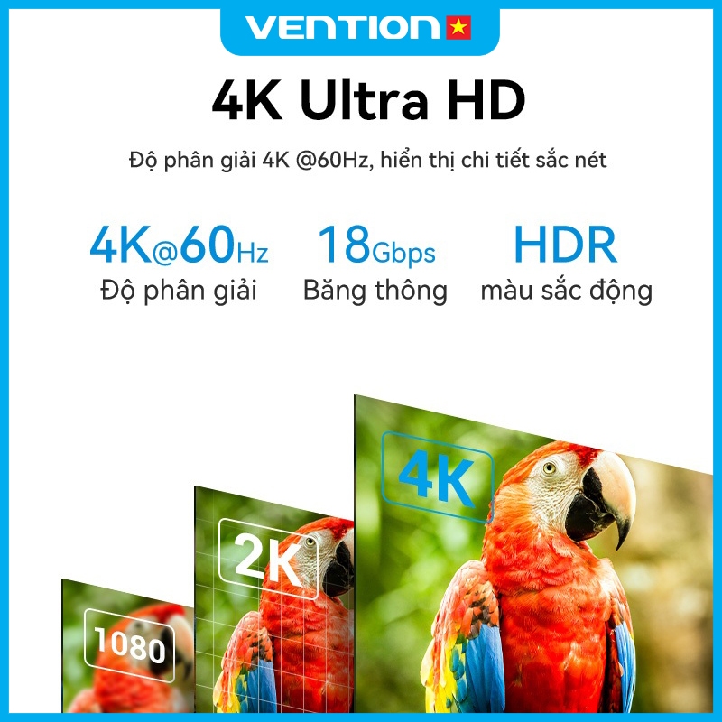 Cáp HDMI 2.0 Vention 4K 60Hz, Tốc Độ 18Gbps, Hỗ Trợ ARC HDCP 2.2, Đầu Cắm Mạ Vàng Dùng Cho TV PC PS4 Siêu Nét Chân Thực